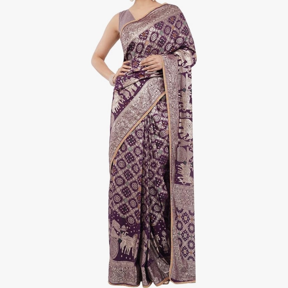 Banarsi zari jaal saree purpal with unstitched attach blouse piece